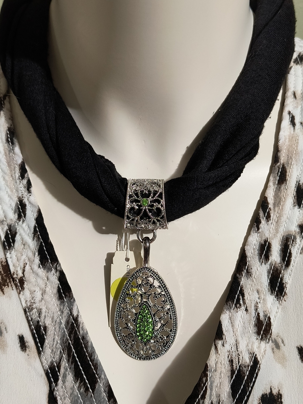 Silver Filigree Pendant Necklace with Green Accents - Black Scarf Style